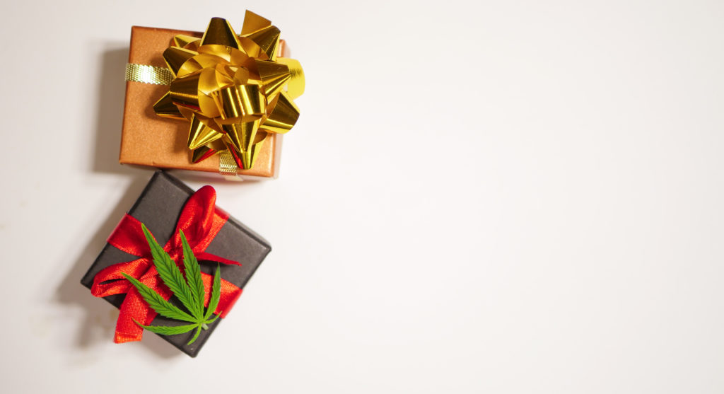 cannabis gifts; present with cannabis leaf on top