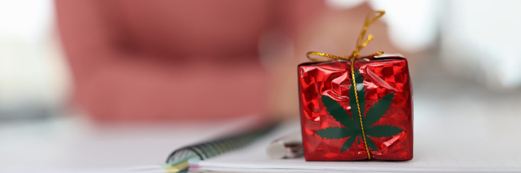 cannabis gift; small present with weed leaf