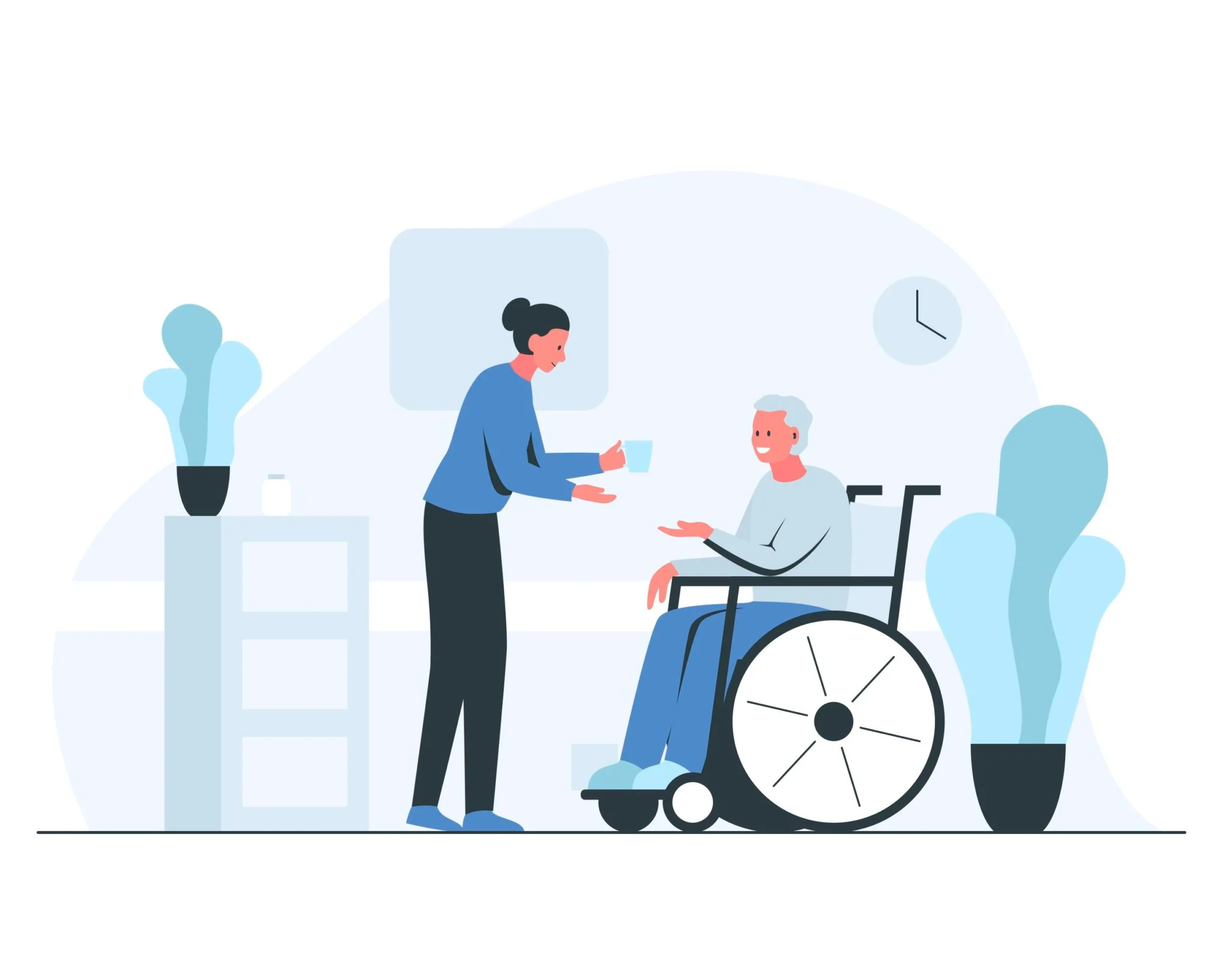 An illustration showing a women giving a cup and medicine to a elder women in a wheelchair.