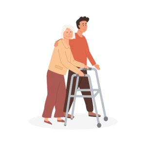An illustration of a man helping an elder women walk with a walker.