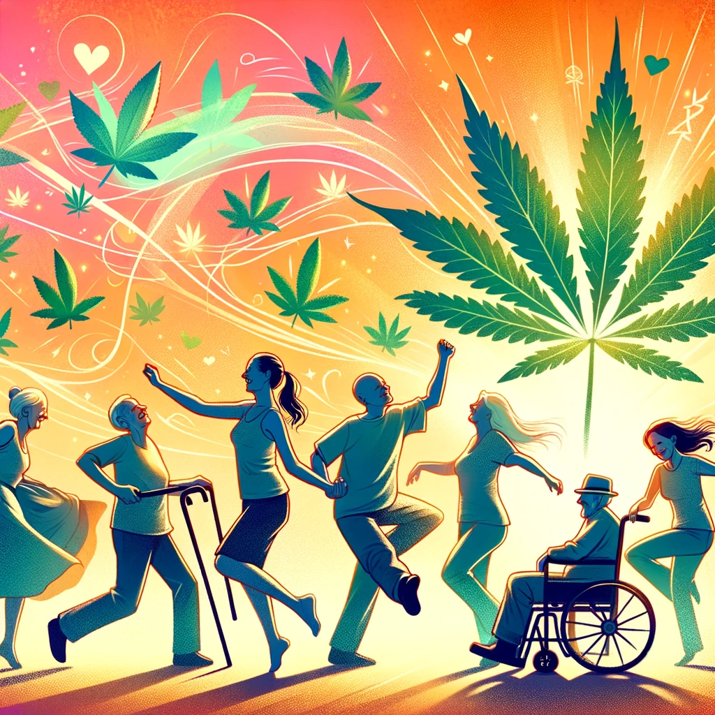 A vibrant illustration of people joyfully dancing, symbolizing arthritis pain relief through medical marijuana.