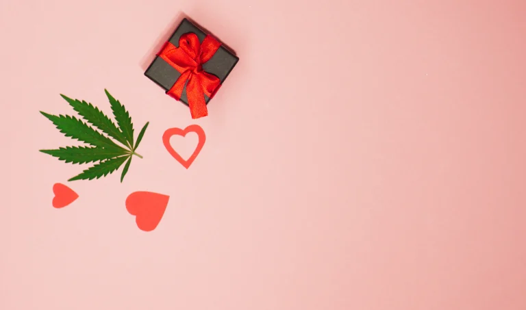 Cannabis leaf next to Valentine's Day present surrounded by hearts on a pink background; for article "What is Cannabis Lube"
